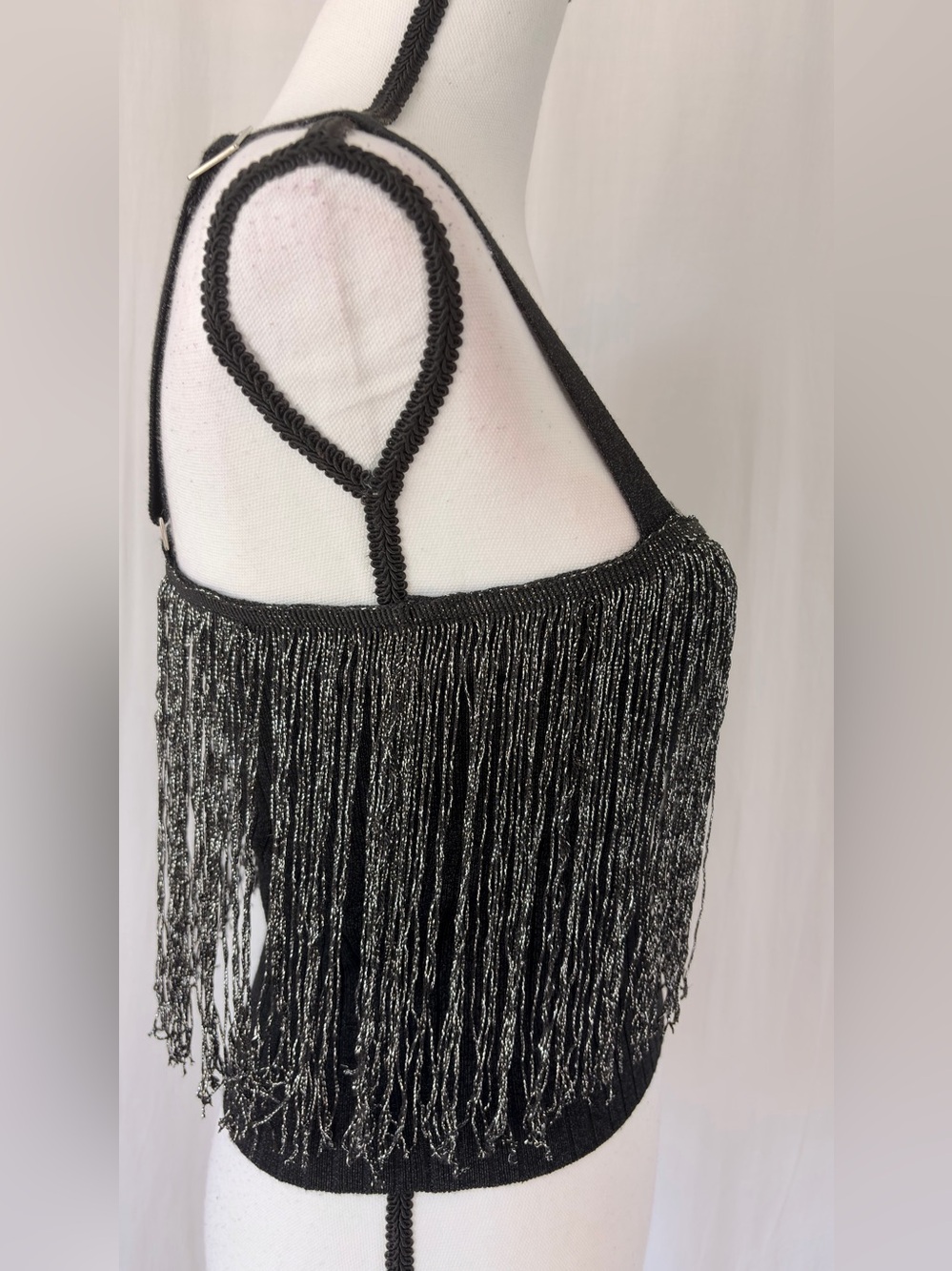 Fab’rik Black Silver Metallic Fringed Crop Ribbed Square Neck Tank Top Sz Medium - Picture 6 of 17